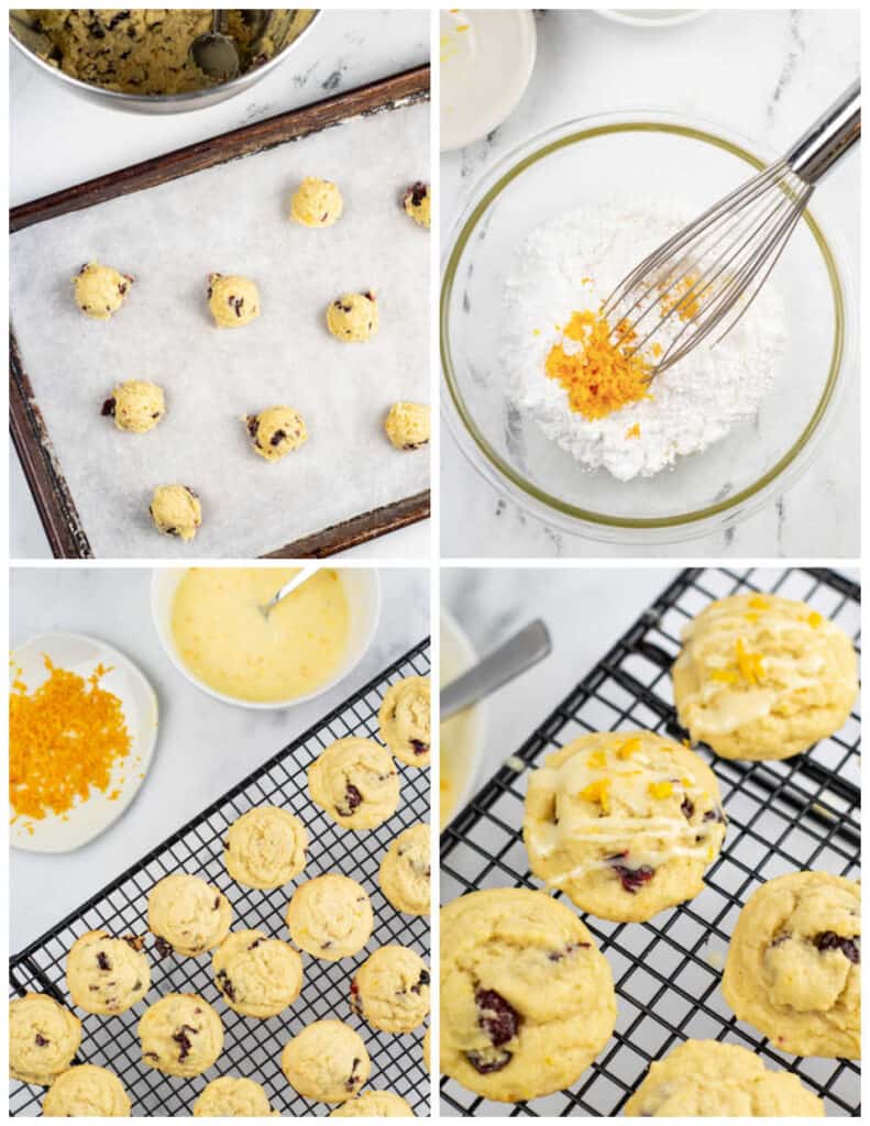 A collage of four pictures showing how to make cranberry orange cookies and their glaze. In the first pictures balls of cookie dough have been placed on a parchment lined cookie sheet, in the second powdered sugar, orange juice and orange zest are being whisked together in a glass mixing bowl, in the the third picture cooled cookies are on a wire rack with the glaze and orange zest next to it. In the final picture the cookies have been drizzled with glaze and sprinkled with orange zest. 