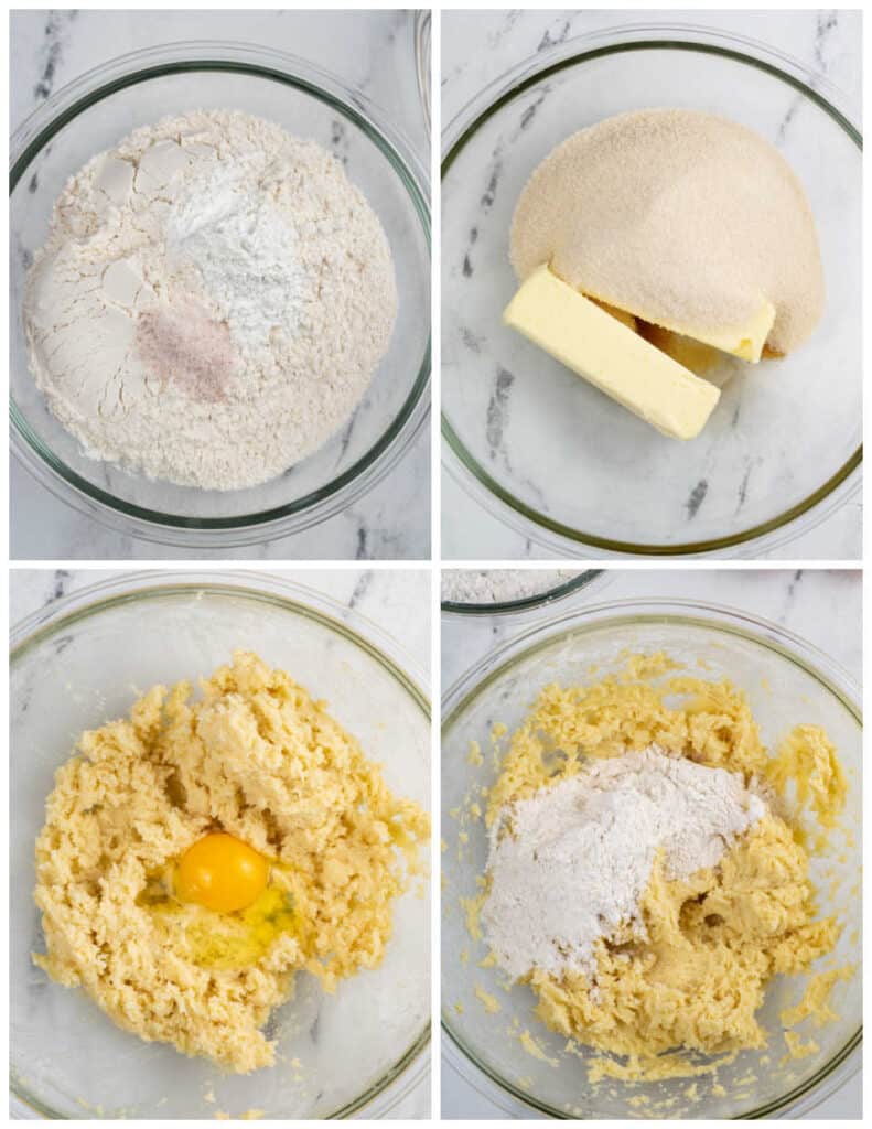 a collage of four pictures showing how to make cranberry orange pound cake. The first is a glass bowl with flour baking soda and salt. In the next picture butter and sugar have been placed in a glass mixing bowl. In the second the sugar and butter have been creamed together and an egg has been added. In the final picture the flour mixture has been added to the butter mixture. 