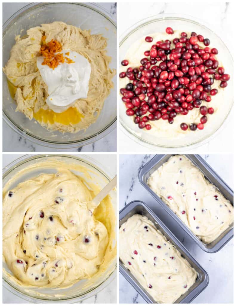 A collage of four pictures showing how to make cranberry orange pound cake. In the first picture sour cream, orange zest and orange juice have been added to a cake batter, in the second fresh cranberries have been added to the batter, and in the third picture the cranberries have been folded in. In the final picture the batter has been spread in two loaf pans. 