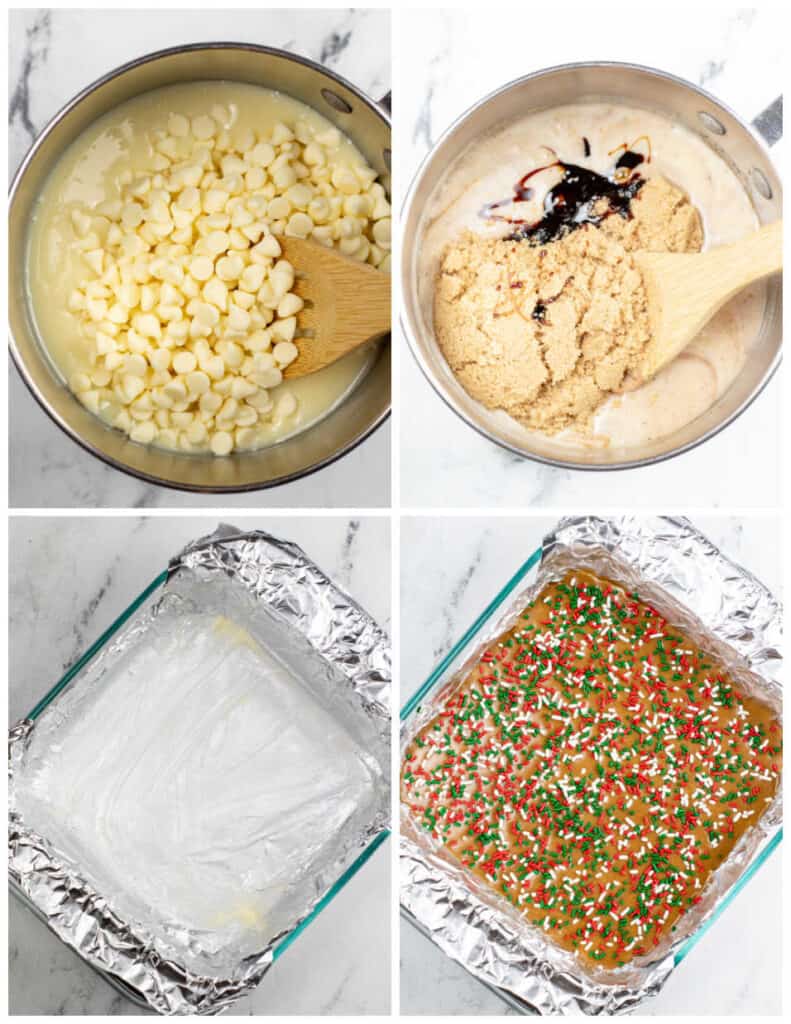 Four pictures showing how to make gingerbread fudge. The first shows a saucepan with sweetened condensed milk and white chocolate chips in it. In the next picture brown sugar, vanilla, molasses and spices have been added. In the third picture a square pan has been lined with aluminum foil and in the fourth the gingerbread fudge mixture has been spread in the pan and sprinkled with red green and white sprinkles. 