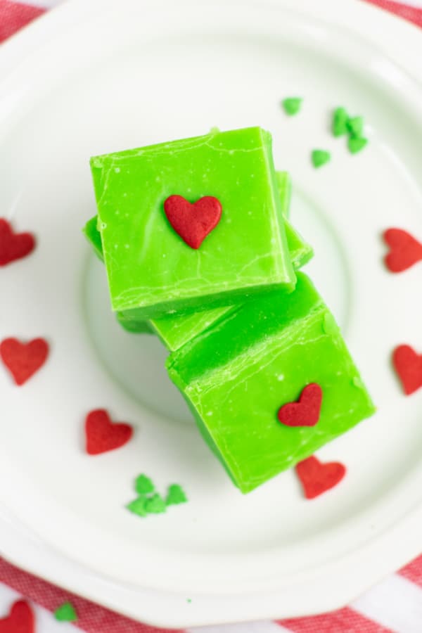 A pile of Grinch fudge on a white plate. 