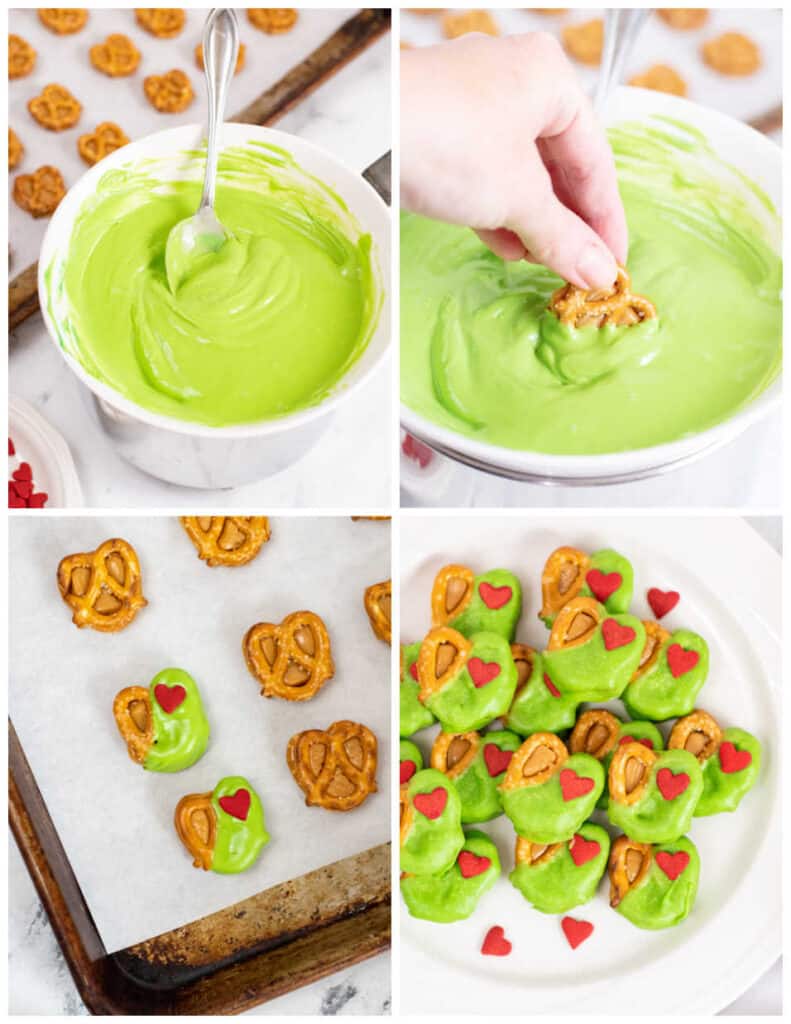 A collage of four pictures showing how to make Grinch pretzel bites. the first shows green candy melts melted in a double boiler. In the second a hand is dipping a pretzel and caramel sandwich into the melted chocolate. In the third the dipped pretzels have been garnished with a heart shaped sprinkle. 