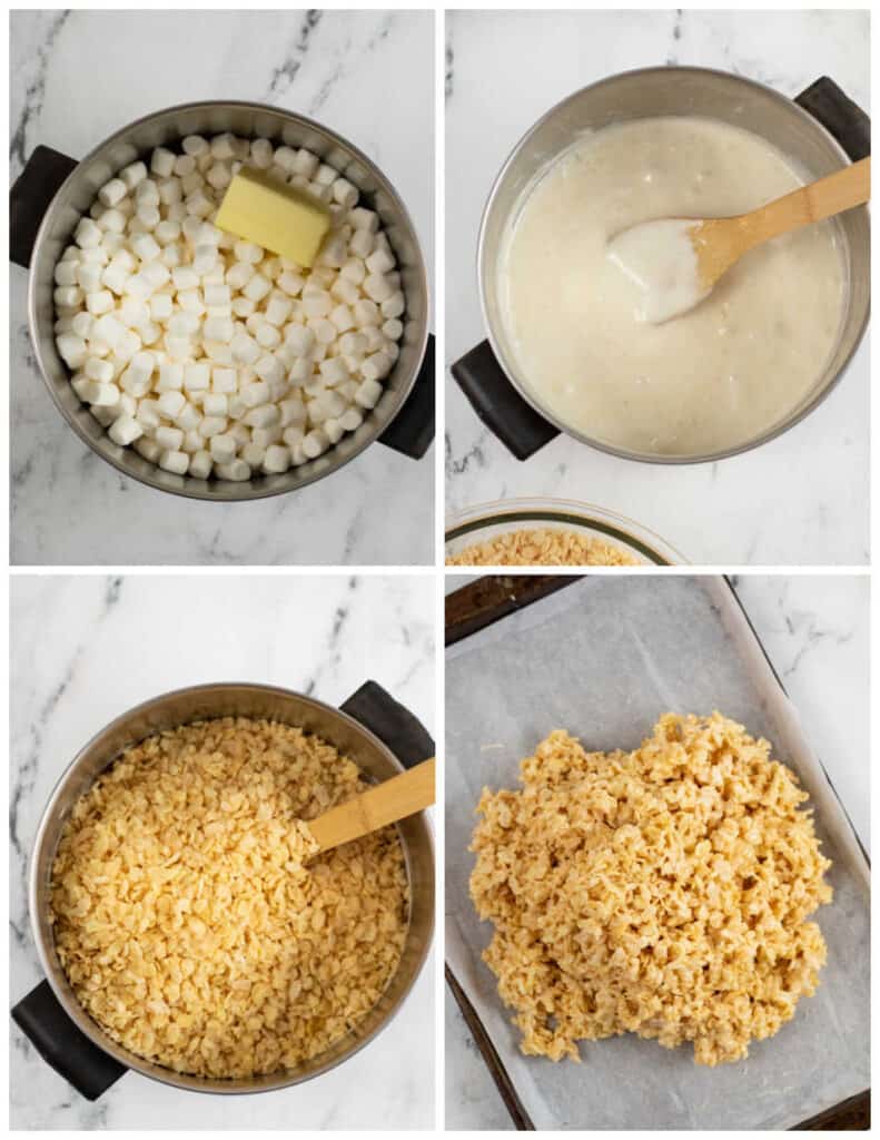 A collage of four pictures showing how to make rice krispie treats. The first pictures shows mini marshmallows and butter in a large saucepan, in the second the marshmallows have been melted. In the third crispy rice cereal has been added to the melted marshmallows. In the final picture the cereal treat mixture has been placed in a parchment lined baking sheet. 