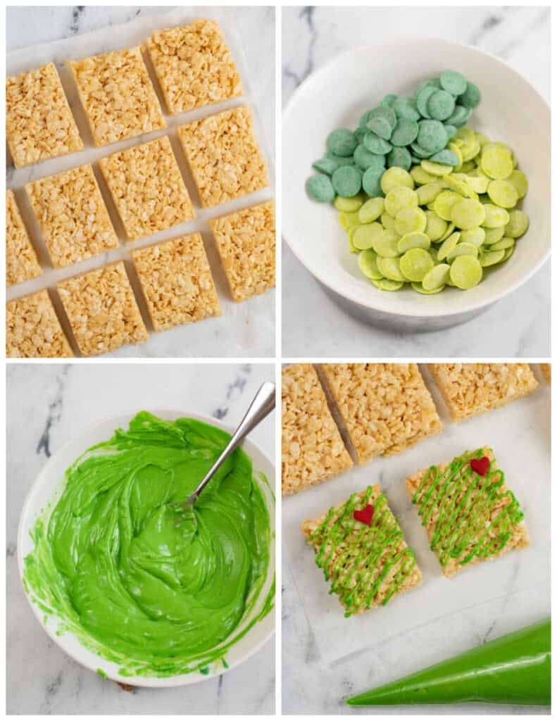 A collage of four pictures showing how to make Grinch rice krispie treats. The first picture shows rice krispie treats on parchment paper. The second shows green candy melts in the bowl of a double boiler. In the third picture the candy melts have been melted. In the final picture the green candy melts have been drizzled across the top of the rice krispie treats. 