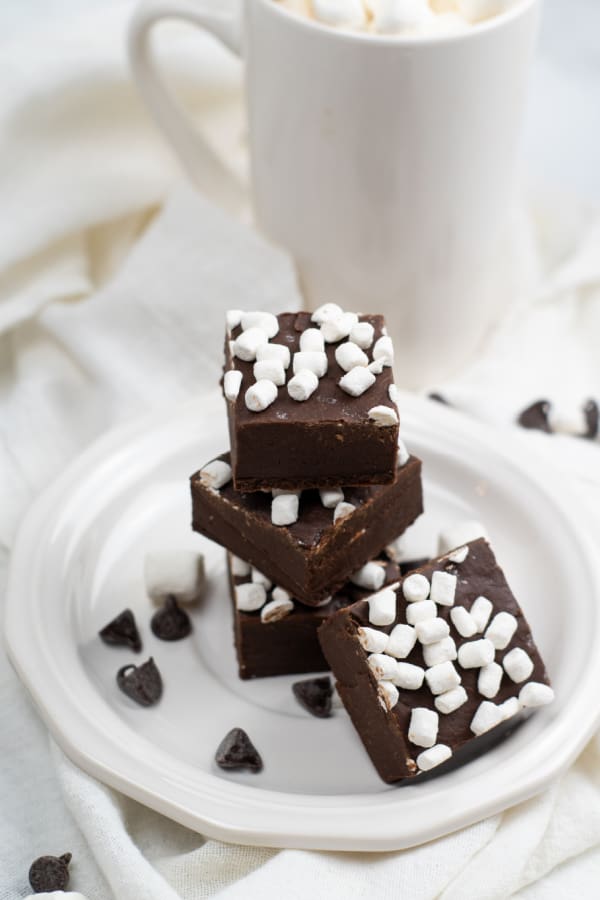 A pile of hot chocolate fudge on a white plate with chocolate chips and marshmallows surrounding it. 