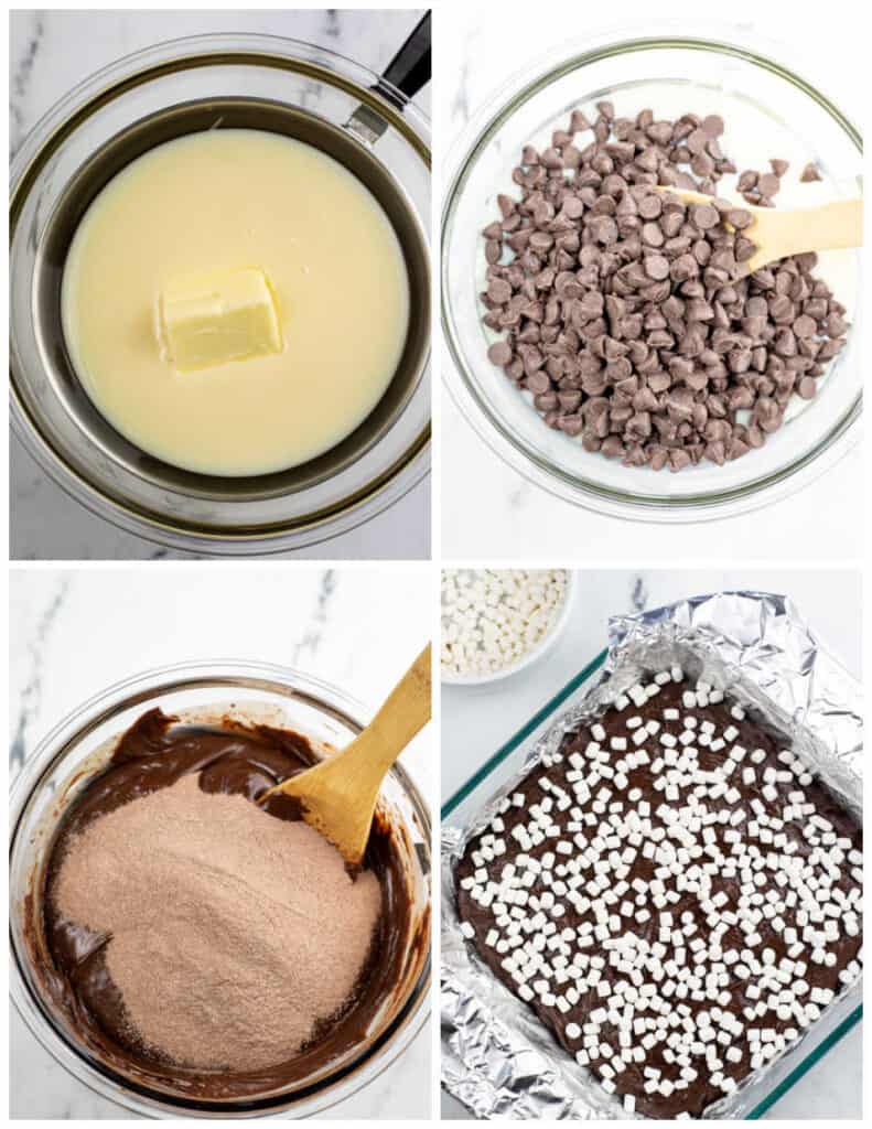 A collage of four pictures showing how to make hot cocoa fudge.  In the first picture butter and sweetened condensed milk are in the bowl of a double boiler. In the second chocolate chips have been added. In the third the hot cocoa mix has been added. And in the final picture the fudge mixture has been placed in a foil lined pan and sprinkled with marshmallows. 