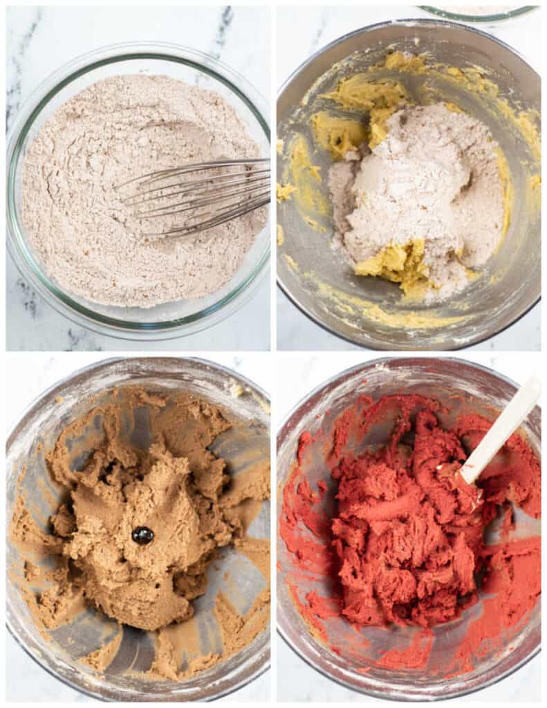 A collage of four pictures showing  how to make the cookie part of red velvet thumbprints. The first picture shows the dry ingredients whisked together in a glass bowl. The second picture shows the butter and sugar creamed together with some of the dry ingredients added. The third shows chocolate cookie dough with a drop of red gel food coloring added. The final picture shows red cookie dough in a metal mixing bowl. 