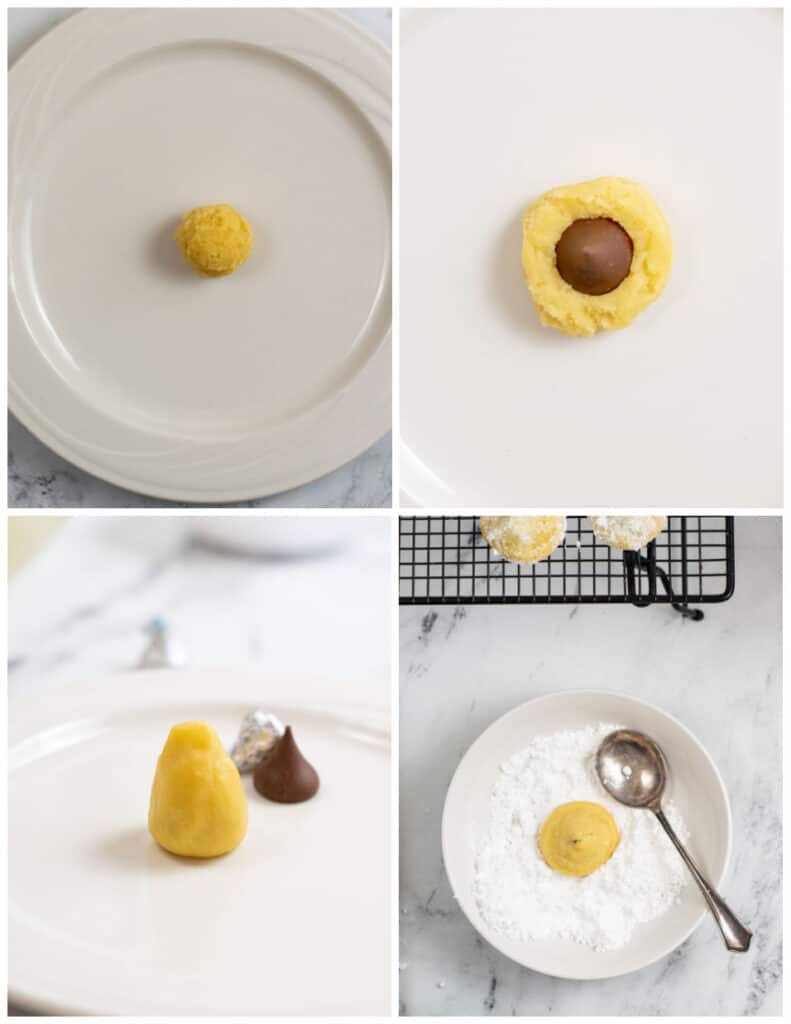 A collage of four pictures showing how to make secret kiss cookies. The first shows a ball of dough, in the second a chocolate kiss has been pressed into the dough. In the third picture the dough has been wrapped around the kiss. In the final picture a baked cookie is in a bowl of powdered sugar. 