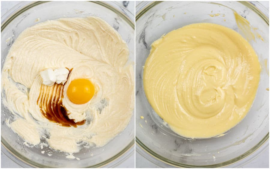 a collage of two pictures showing how to make the cheesecake filling for these cookies. the first picture shows a glass mixing bowl with creamed cream cheese and sugar with  vanilla, sour cream and an egg yolk added. The second picture shows all of the ingredients blended together. 