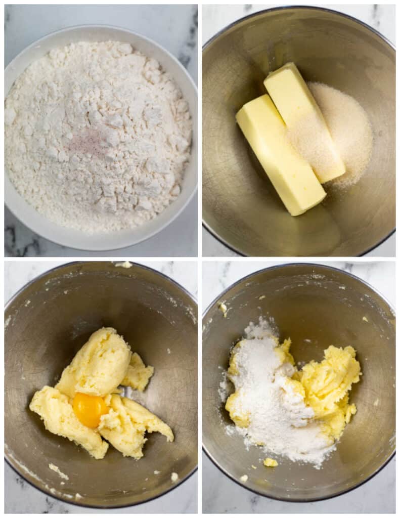 A collage of pictures showing how to make cheesecake thumbprint cookies. The first picture shows the dry ingredients in a white bowl. In the next picture butter and sugar have been placed in a metal mixing bowl. In the next picture the butter and sugar have been creamed together and an egg yolk has been added. In the final picture flour has been added to the butter mixture. 