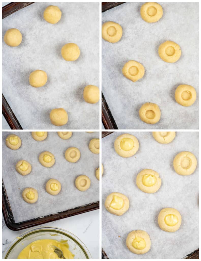 A collage of four pictures showing how to make cheesecake thumbprint cookies. In the first picture balls of dough have been placed on a parchment lined baking sheet. In the second picture indentation have been made in the balls of dough. 
The third picture shows the bowl of filling next to the tray of cookies, and in the final picture the cookies have been filled with the cream cheese filling. 