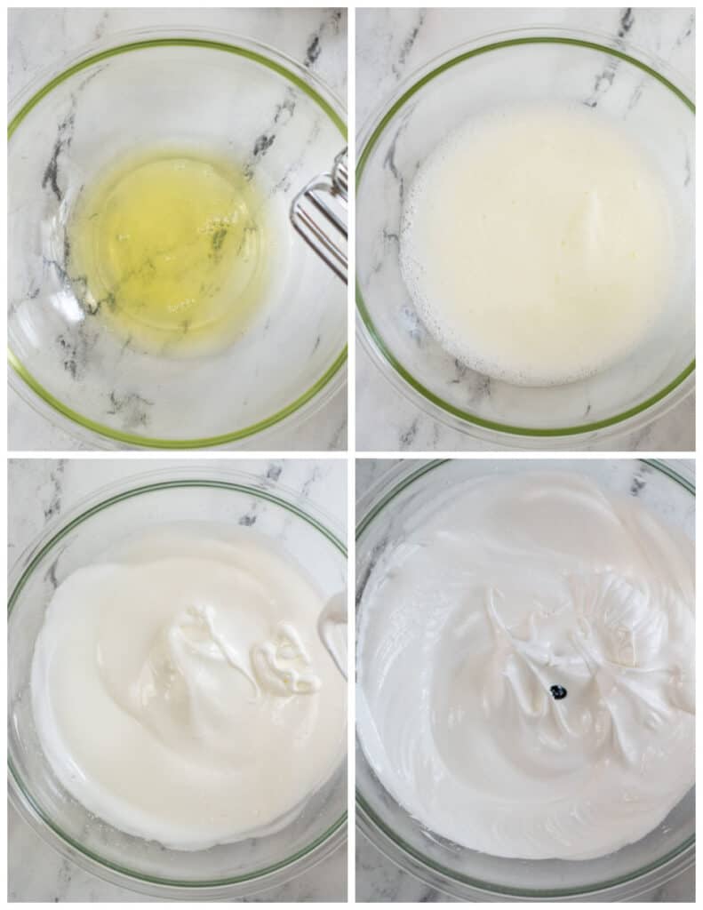 A collage showing four steps for making Christmas tree meringues. The first picture shows a mixing bowl with raw egg whites in it. In the second picture the egg whites have been whipped until foamy. In the next picture they are a solid white and soft peaks have begun to form. In the final shot the meringue mixture is shiny with stiff peaks and a drop of green gel food coloring has been added. 