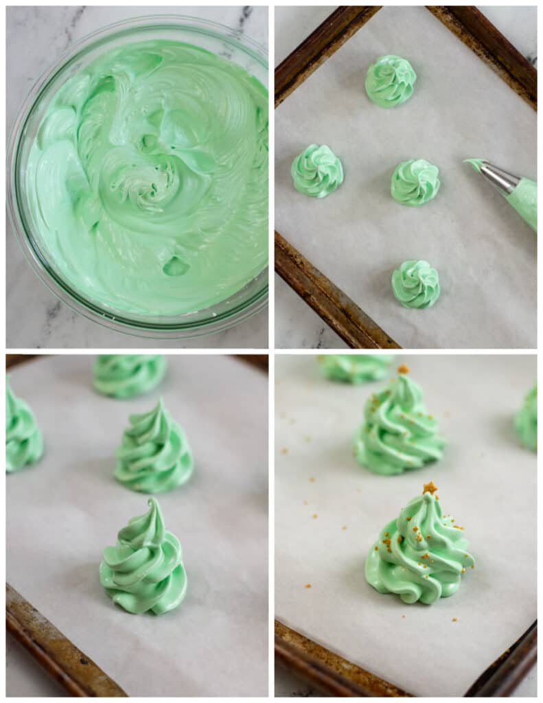 A collage of four pictures showing how to make Christmas tree meringues. The first picture shows a glass mixing bowl with a green meringue mixture in it. In the second picture the meringue batter has been placed in a piping bag with a star tip. Small Christmas tree shapes have been piped onto a parchment lined baking sheet. The third picture shows the piped meringue trees on a parchment lined baking sheet. In the final picture the meringue trees have been decorated with silver and gold sprinkles and topped with a gold star shaped sprinkle. 