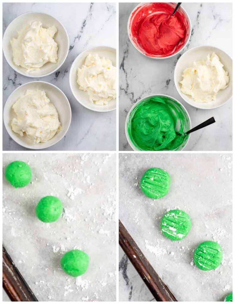A collage of four pictures showing how to make cream cheese mints. The first shows three bowls with the cream cheese mint dough in them, in the next picture gel food coloring has been added to two of them in red and green. The third picture shows balls of the green dough on a parchment lined baking sheet and in the final picture the balls of dough have been flattened with the tines of a fork. 