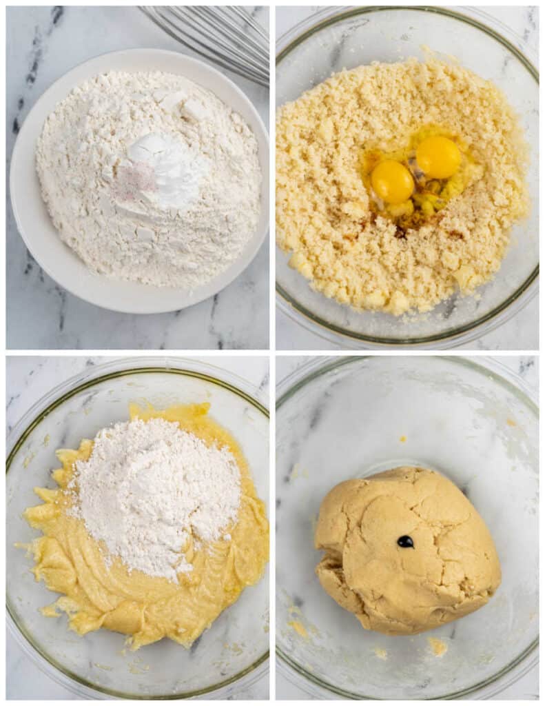 A collage of four pictures showing how to make Grinch crinkle cookies. The first picture shows a white bowl with flour, baking powder and salt in it. In the next picture butter and sugar have been creamed together, eggs and vanilla have been added. In the third picture the flour mixture has been added to the butter mixture. And in the final picture there is a ball of dough and a drop of green gel food coloring has been placed in the center. 
