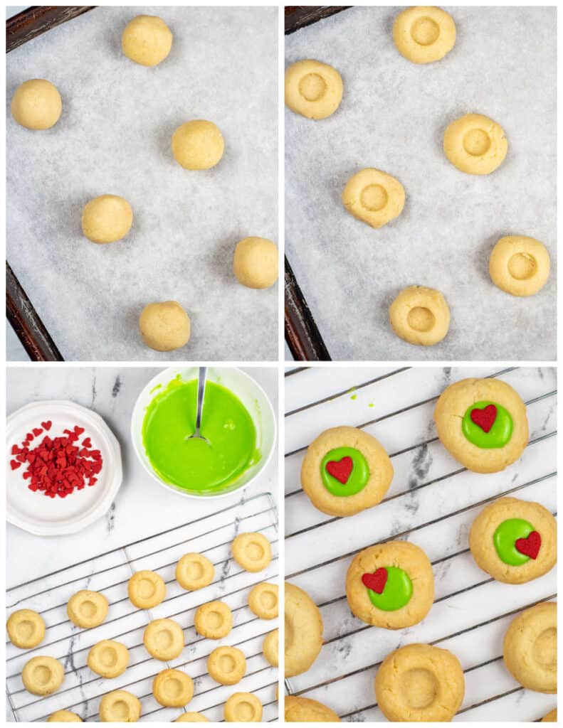 A collage of four pictures showing how to make Grinch thumbprint cookies . The first picture shows balls of dough on a parchment lined baking sheet. In the second picture indentations have been made in the center of each dough ball. In the third picture baked cookies are on a metal cooling rack with the green filing and heart shaped sprinkles next to them. In the final picture the cookies have been filled with green frosting and topped with a  heart shaped sprinkles. 