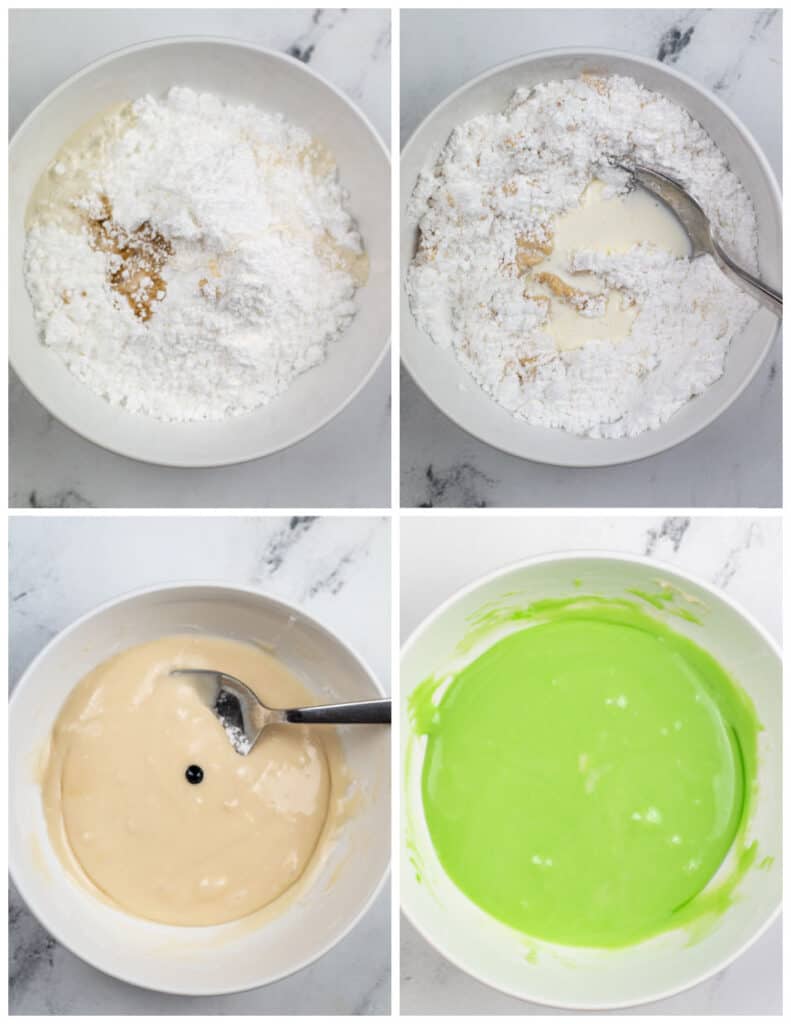 A collage of four pictures showing how to make the green frosting filling for Grinch thumbprint cookies. In the first picture powdered sugar, vanilla and karo syrup have been placed in a bowl. In the second cream has been added. In the third picture all of the ingredients have been mixed together, and in the final picture green food coloring has been added to create a green filling. 