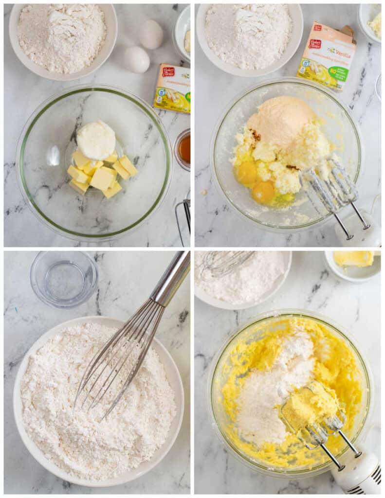 A collage of four pictures showing how to make the dough for secret kiss cookies. The first shows a glass mixing bowl with butter and shortening. In the next picture eggs, sugar, vanilla and instant pudding mix have been added. The fourth picture shows the dry ingredients whisked together in a small white bowl. In the final picture the dry ingredients have been added to the wet ingredients. 