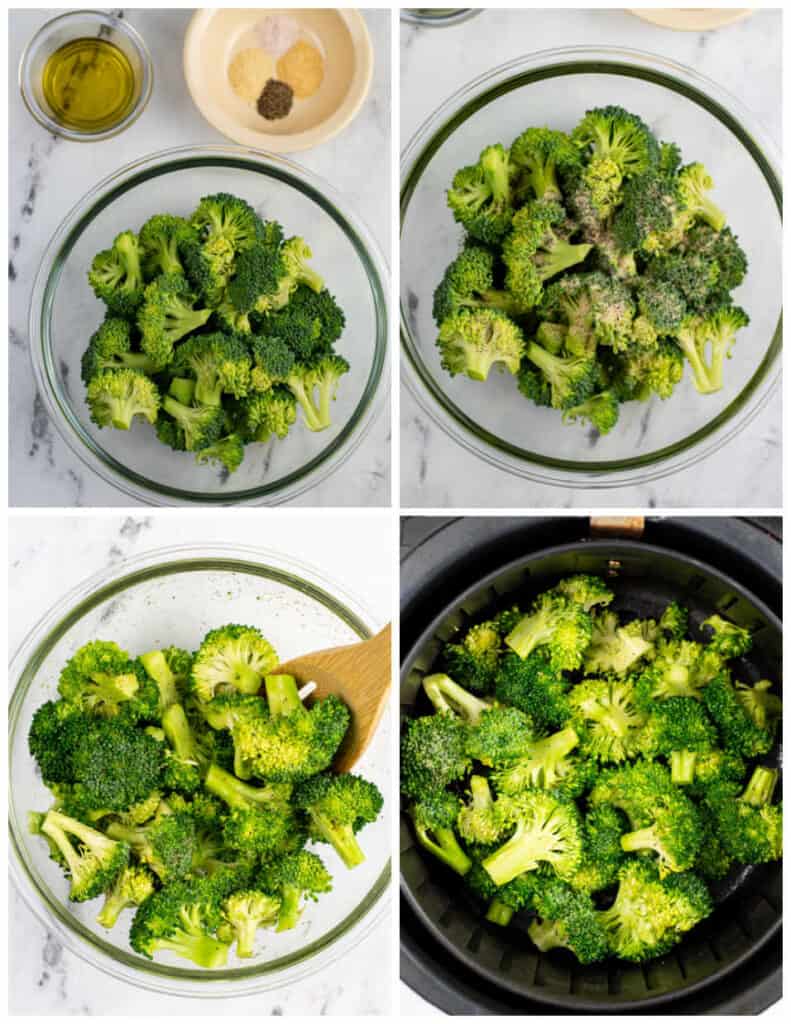 A collage of four images showcasing the process of air-frying broccoli, in the first panel is a small glass bowl of oil, a small dish of assorted seasonings, and a large glass bowl of uncooked broccoli. In the second panel is a large glass bowl of uncooked broccoli. in the third panel, the broccoli is being stirred with a wooden spoon. in the last panel is a pile of uncooked broccoli in the basket of an air fryer.
