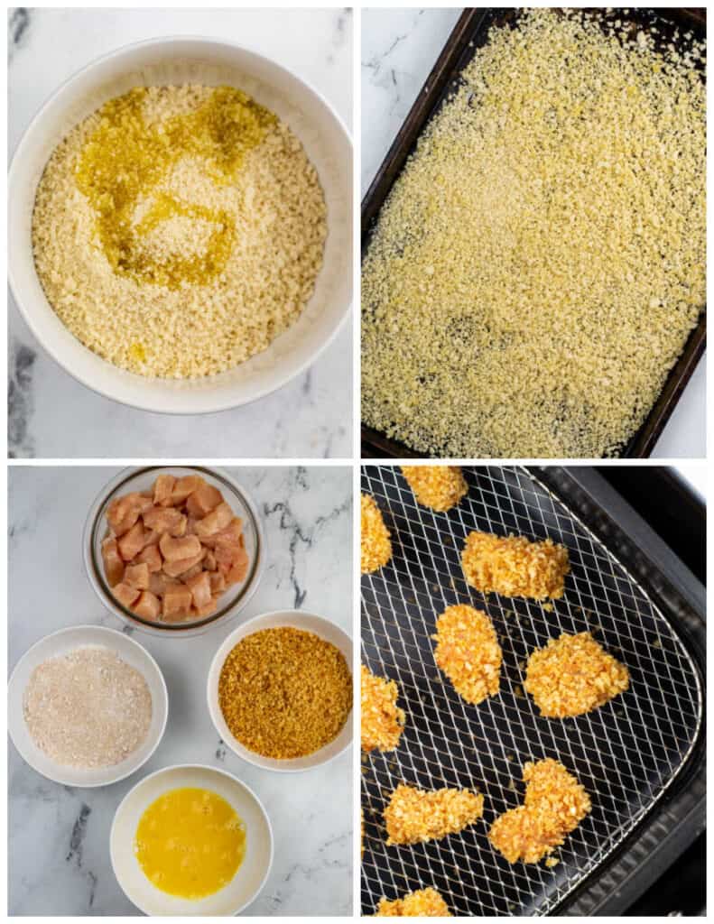 A collage of four images showcasing the process of making air fryer popcorn chicken. In the first panel is a large white bowl of oiled breadcrumbs, in the second panel the breadcrumbs are spread onto a baking sheet. In the third panel is a large glass bowl of cut raw chicken, a white bowl of flour and seasoning, a white bowl of baked breadcrumbs, and a white bowl of eggs. In the last panel is several pieces of cooked popcorn chicken sitting in the basket of an air fryer.