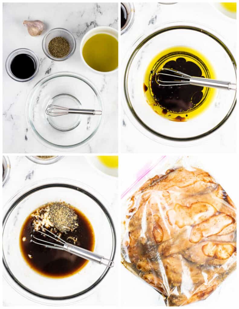 A collage of four pictures showing the steps for making bruschetta chicken marinade. The first shows a large glass bowl with a whisk in it surrounded by ramekins full of olive oil, balsamic vinegar, italian seasoning and garlic. The second picture shows the vinegar and oil added to the bowl. In the third picture garlic and italian seasoning have been added. In the final picture the marinade has been placed in a zip top bag with chicken breasts. 