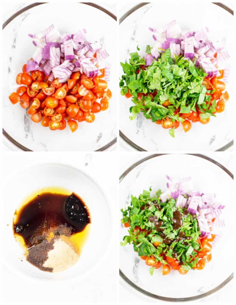 A collage of four pictures showing how to make the bruschetta topping for bruschetta chicken. The first shows a glass bowl with chopped tomatoes and red onions, the second shows fresh chopped basil added to the bowl. In the third picture olive oil. balsamic vinegar, salt and garlic powder have been placed in a small bowl. In the final picture the dressing has been poured over the chopped vegetables. 