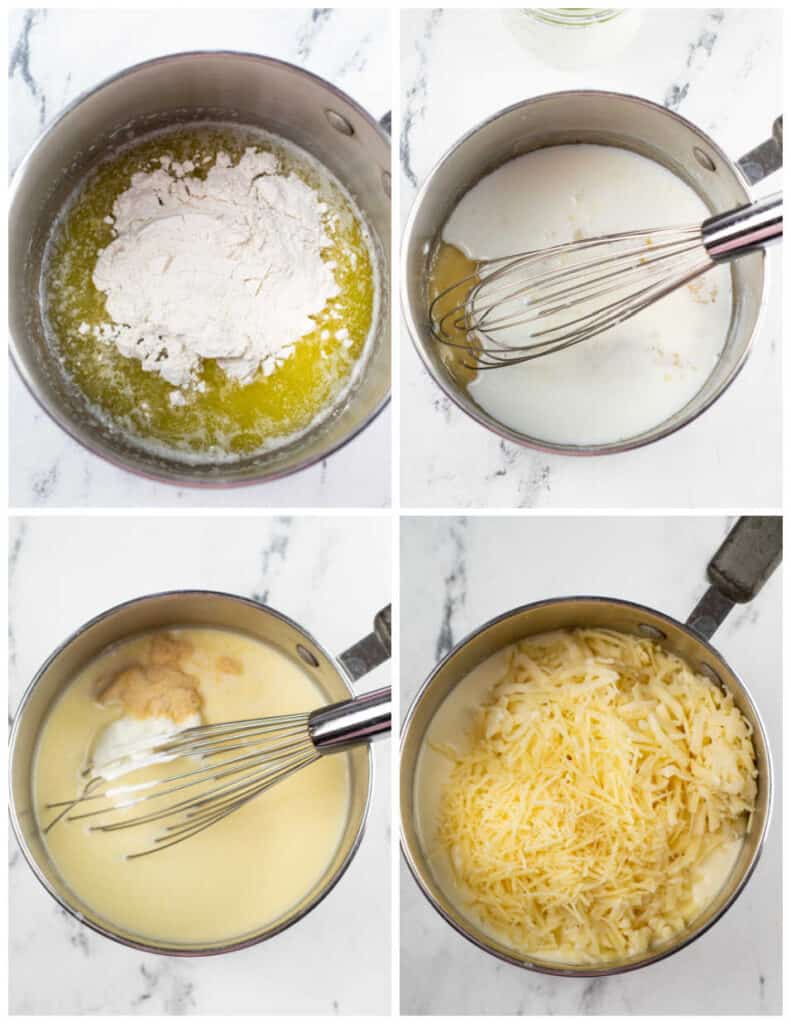 A collage of four images showcasing the process of preparing cheese sauce for a chicken cordon bleu casserole. In the first panel is an overhead view of a large pot of melted butter and flour on a marble countertop. In the second panel, milk has been added. In the third panel, mustard has been added. in the last, shredded cheese has been added.