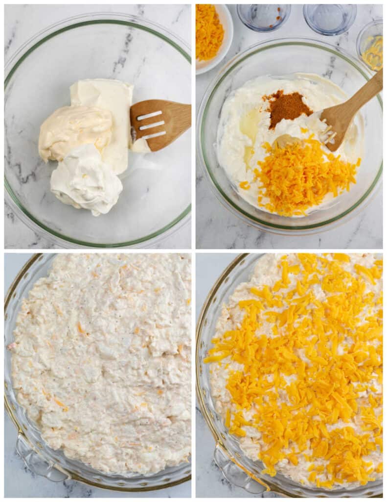 a collage of four pictures showing how to make Maryland crab dip. The first shows a glass mixing bowl with cream cheese, sour cream and mayonnaise. In the next bowl shredded cheddar, dijon mustard, lemon juice, and old bay have been added. In the next  picture the mixture has been spread in a pie pan, and in the final picture shredded cheddar cheese has been spread across the top of the dip. 