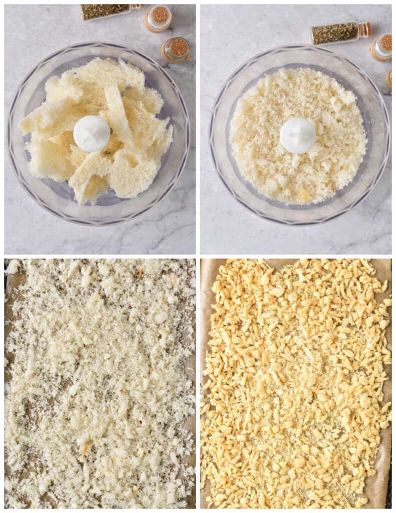 A collage of four pictures showing how to make homemade panko bread crumbs. In the first picture chunks of bread have placed in the bowl of a food processor. In the second the bread has been processed into crumbs. In the third picture the crumbs have been spread across a parchment lined baking sheet and in the fourth they have been baked to a golden brown. 