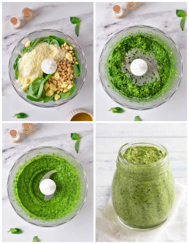 A collage of four pictures showing how to make homemade pesto. In the first basil, garlic, pine nuts and parmesan cheese have been placed in a food processor, in the second the ingredients have been finely chopped, in the third olive oil has been added and in the final picture the pesto has been placed in a jar. 