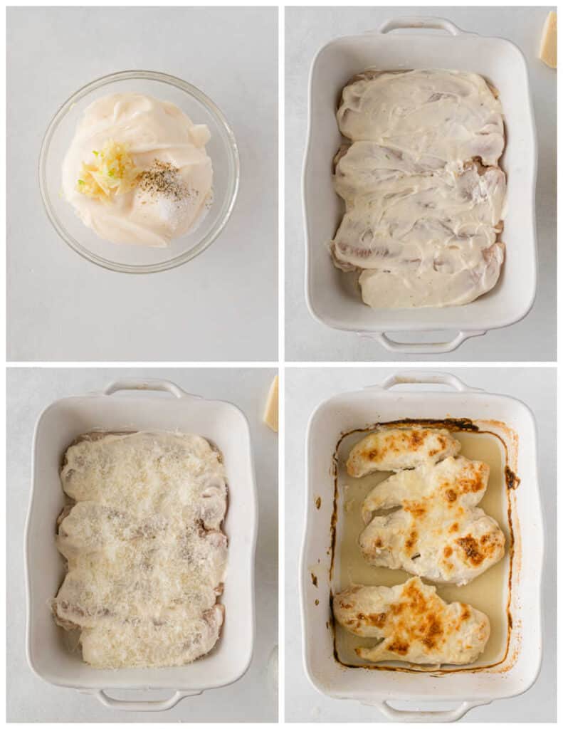 A collage of four pictures showing how to make parmesan mayo chicken. The first shows a glass bowl full of mayonnaise, minced garlic, salt and pepper. In the second picture the mayo mixture has been spread across boneless skinless chicken breasts in a white baking pan. In the next picture parmesan cheese has been sprinkled across the top of the chicken in and in the final picture the chicken has been baked to a nice golden brown. 