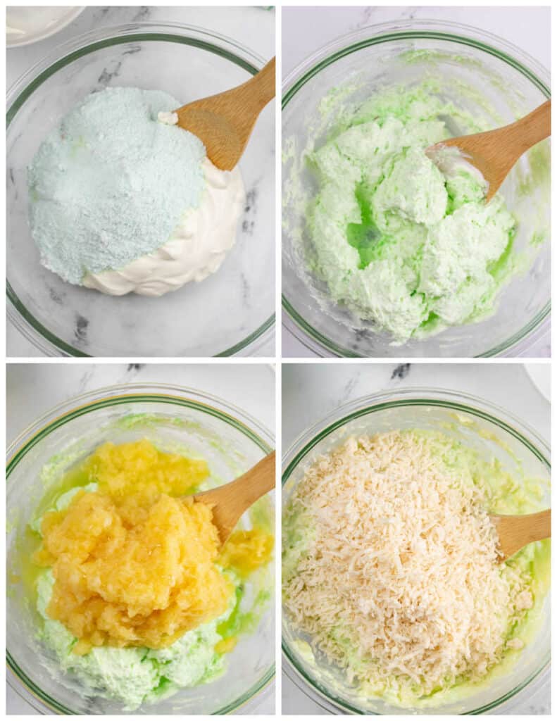 A collage of four images showcasing the process of making pistachio pudding salad. In the first panel is a large glass bowl of sour cream and pistachio pudding mix with a wooden spoon on a marble countertop. In the second panel, they have been mixed together. In the third panel, crushed pineapple has been added. In the last panel, shredded coconut has been added.