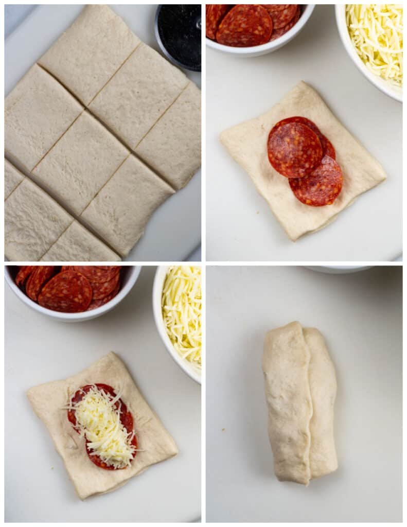 A collage of four images. In the first panel is a sheet of uncooked pizza dough cut into small rectangles. In the second panel is a small rectangle of uncooked pizza dough topped with pepperoni. In the third panel, cheese has been added to the dough. In the last panel, the dough and filling has been folded into a roll.