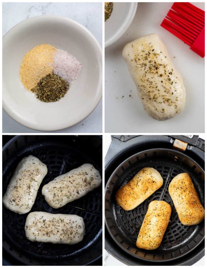 A collage of four images showcasing the process of cooking air fryer pepperoni rolls. In the first panel is a small white dish of spices. In the second panel is an uncooked pepperoni roll brushed with melted butter and seasoning. In the third panel is three uncooked pepperoni rolls in the basket of an air fryer. In the last panel, the pepperoni rolls have been cooked to a golden brown color.