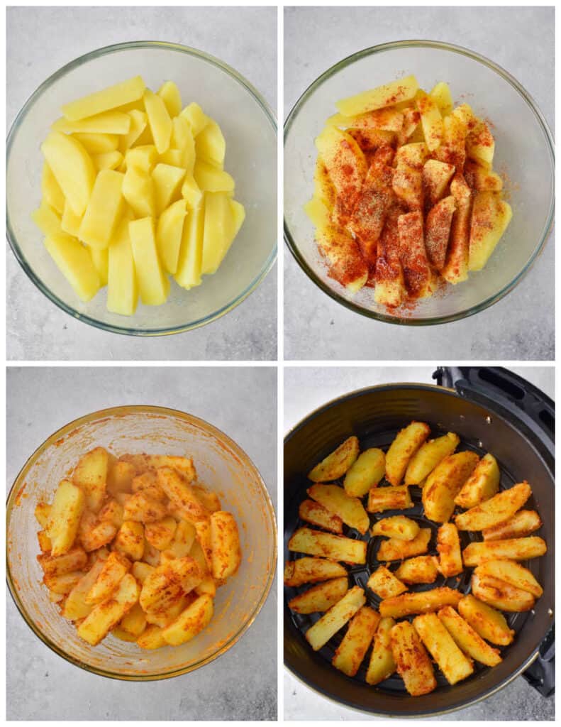 A collage of four images, in the first panel is a large glass bowl of raw, unseasoned potato wedges. In the second panel, the potato wedges have been seasoned. In the third panel, the seasoning has been mixed together with the potatoes. In the last panel, the potatoes have been placed into the basket of an air fryer.