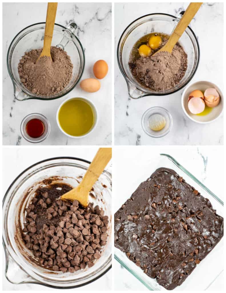 A four image collage showcasing the process of making batter for cake mix brownies, in the first panel is a large glass bowl filled with chocolate cake mix. In the second panel, two eggs have been added. In the third panel, chocolate chips have been added. In the last panel, the batter has been spread into a glass baking sheet.