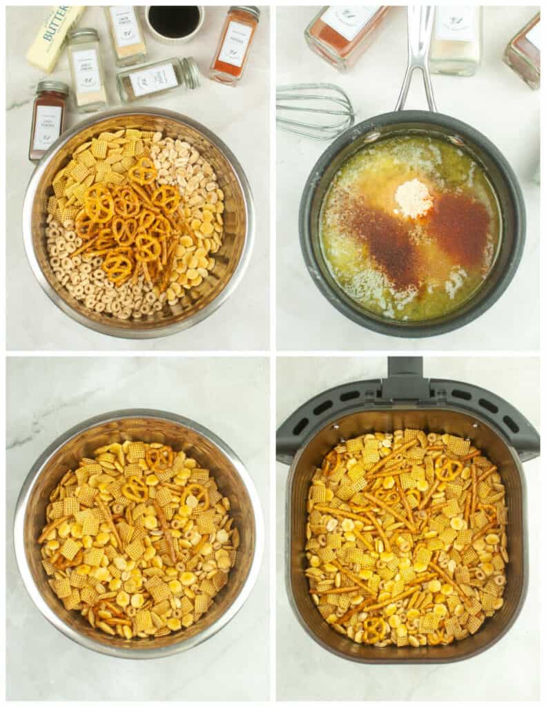 A collage of four images showcasing the process of making air fryer chex mix. In the first panel is a large metal bowl of chex mix ingredients. In the second panel is a pot of melted butter and spices. In the third panel, the chex mix and butter mixture have been mixed together. In the last panel, everything has been cooked in an air fryer.
