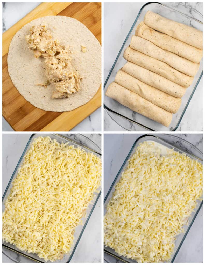 A collage of four images showcasing the process of preparing creamy chicken enchiladas for baking. In the first panel is a tortilla with chicken filling on a wooden cutting board. In the second panel is several uncooked enchiladas in a glass baking tray. In the third panel, shredded cheese has been added on top of the enchiladas. In the last panel, a creamy sauce has been added to the enchiladas.