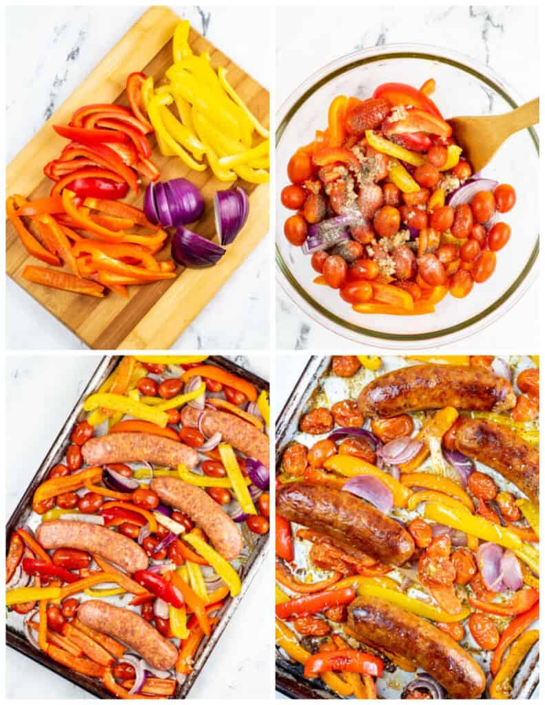A collage of four images showcasing the process of making sheet pan Italian sausage. In the first panel is a wooden cutting board of cut bell peppers and onions. In the second panel is a large glass bowl of seasoned assorted vegetables. In the fourth panel is a sheet pan of uncooked Italian sausage and vegetables. In the last panel, the sausage and vegetables have been cooked.