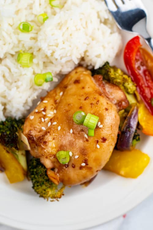 A close-up of a plate of teriyaki chicken, assorted vegetables, and rice.