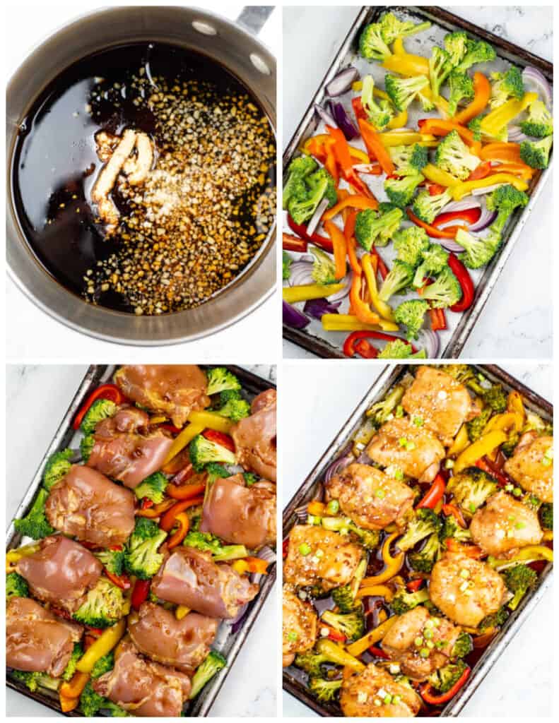 A collage of four images showcasing the process of making sheet pan teriyaki chicken. In the first panel is a pot of soy sauce, garlic, and ginger being mixed together. In the second panel is a baking sheet of assorted vegetables. In the third panel, raw chicken has been added to the baking sheet. In the final panel, the chicken and vegetables have been cooked.