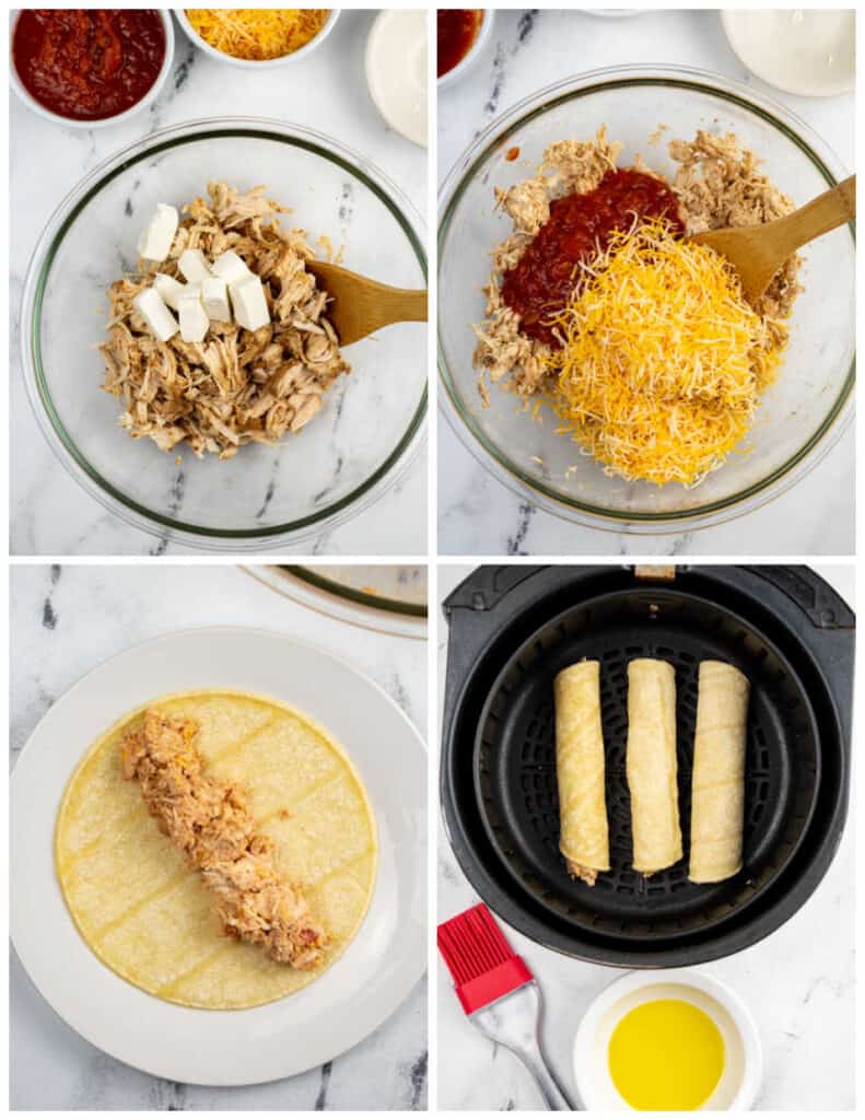 A collage of four images showcasing the process of making air fryer chicken taquitos. In the first panel is a large glass bowl of shredded chicken and cubed cream cheese. In the second panel, shredded cheese and tomato sauce have been added to the bowl. In the third panel is a tortilla with chicken filling on a white plate. In the last panel are three taquitos placed in the basket of an air fryer and brushed with oil.