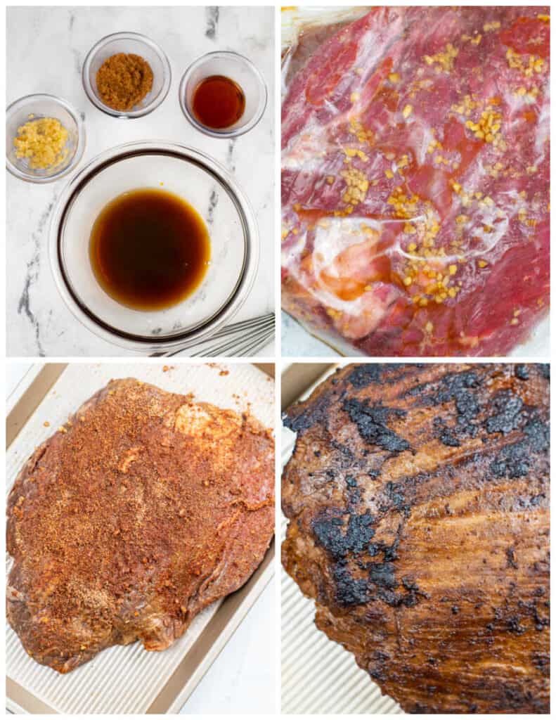 A collage of four images showcasing the process of making carne ranchero. In the first panel are several glass bowls of seasonings. In the second panel is a piece of beef being marinated in a plastic bag. In the third panel is the uncooked marinated beef rubbed with seasoning on a sheet pan. In the last panel, the carne ranchero has finished being baked.