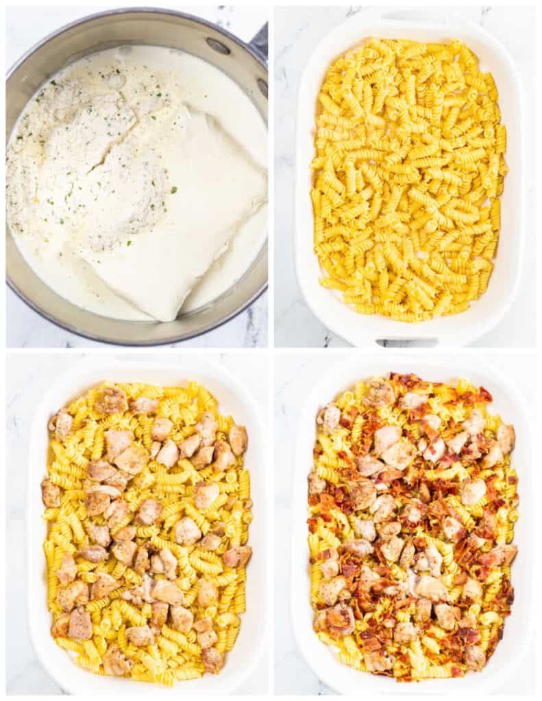 A collage of four images. In the first panel is a large metal bowl of milk, cream cheese, and ranch seasoning. In the second panel is a white casserole dish of rotini pasta. In the third panel, chicken has been added to the pasta. In the last panel, bacon bits have been added.