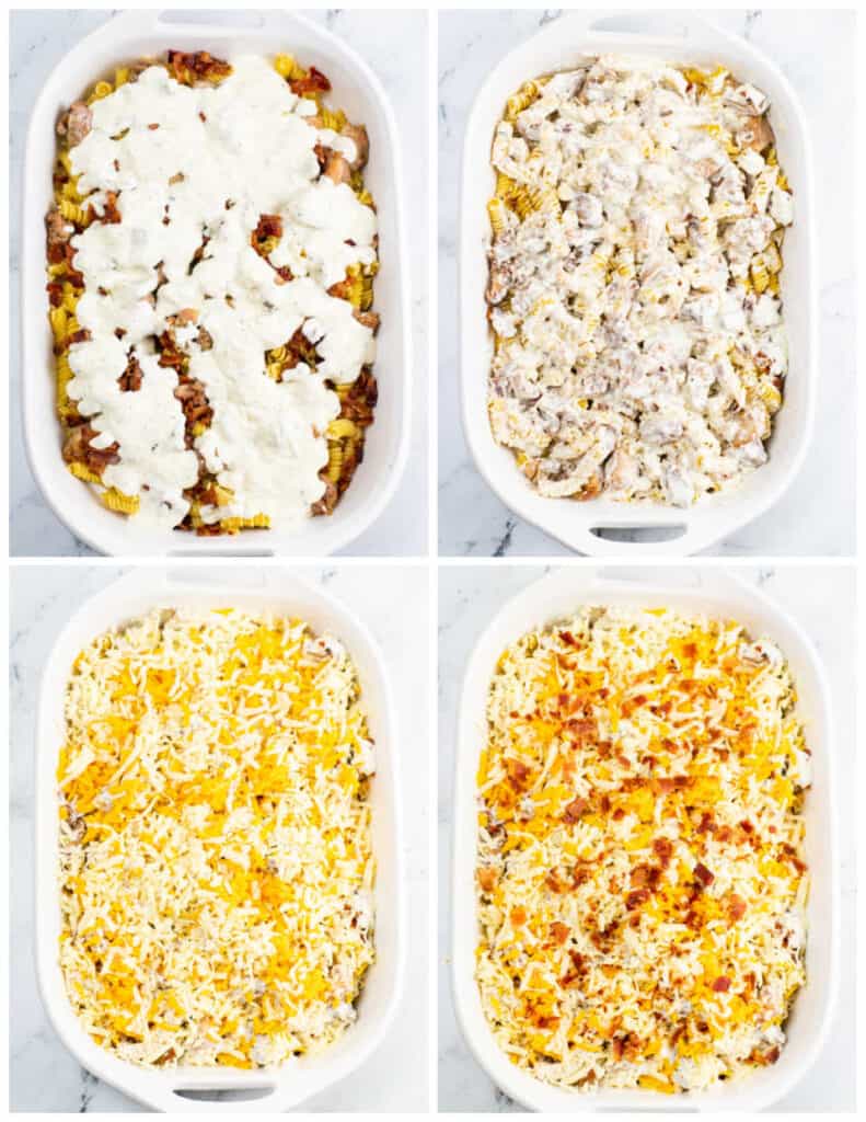 A collage of four images. In the first panel is a white casserole dish of chicken bacon pasta with a creamy ranch sauce added. In the second panel, the pasta and sauce have been mixed together. In the third panel, shredded cheese has been added. In the last panel, extra bacon has been added.
