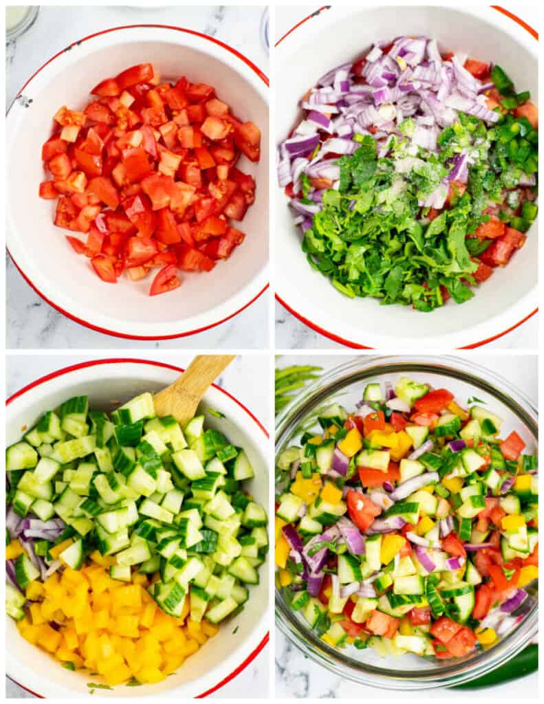 A collage of images showcasing the process of making cucumber pico de gallo. In the first panel is a large white bowl of diced tomatoes. In the second panel, diced onions and cilantro have been added to the bowl. In the third panel, diced cucumber and yellow pepper have been added to the bowl. In the last panel, the ingredients have been mixed together in a large glass bowl.