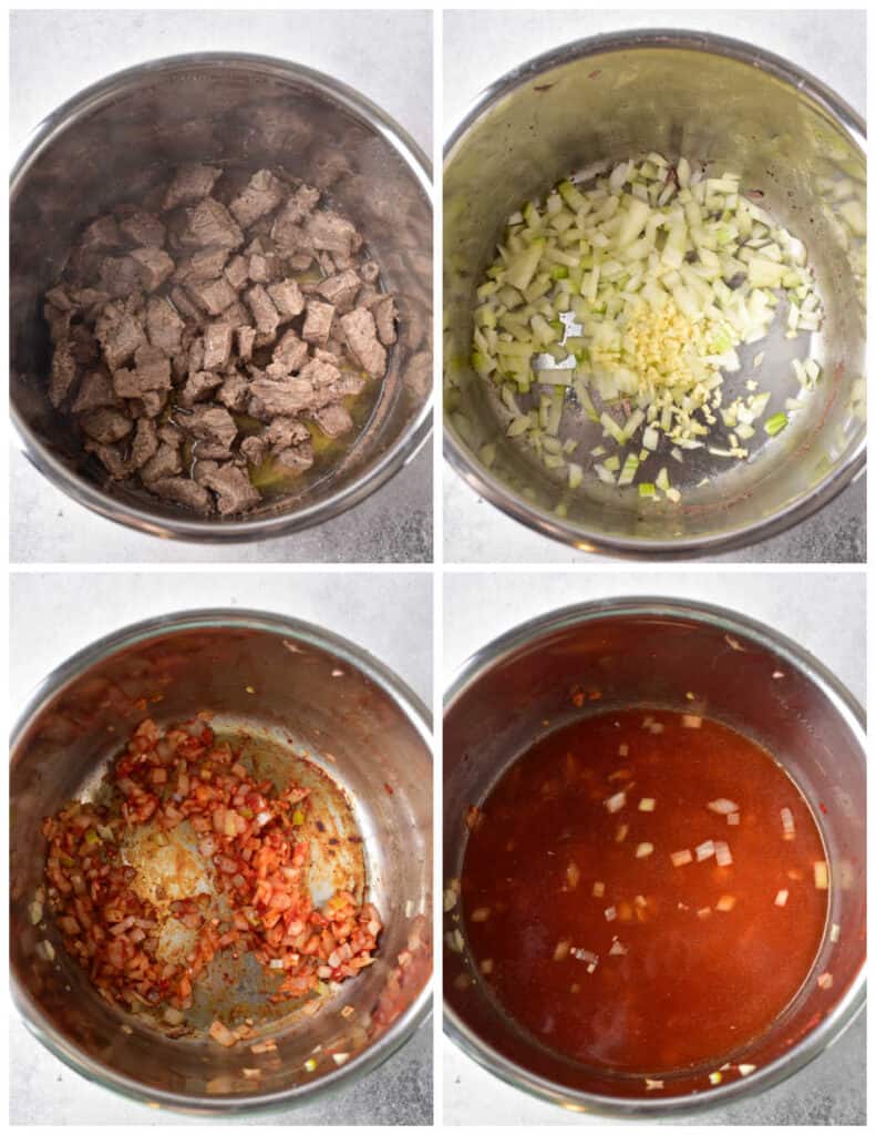 A collage of four images. In the first panel is a large metal bowl filled with cubes of cooked beef. In the second panel is a large metal bowl filled with diced onions. In the third panel, seasoning and tomato paste has been added to the onions. In the last panel. water has been added to the onions.