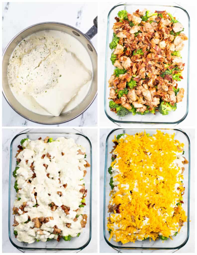 A collage of four images. In the first panel is a large metal pot of ranch seasoning, cream cheese, and milk. In the second panel is a large glass casserole dish of chicken, broccoli, and bacon bits. In the third panel, a creamy sauce has been added. In the last panel, shredded cheddar cheese has been added.