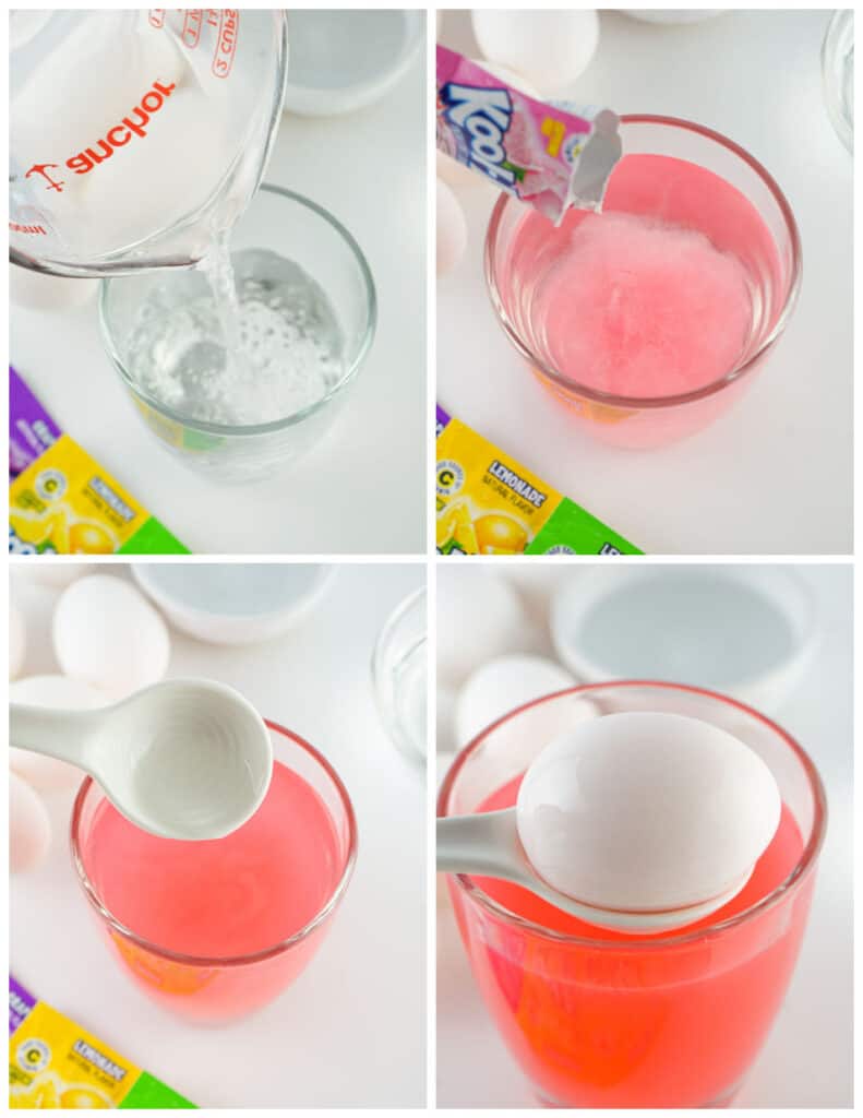 A collage of four images showcasing the process of dying an egg pink in Kool-Aid. In the firs panel is a small glass bowl with water being poured into it. In the second panel, pink Kool-Aid powder is being poured into the water. In the third panel, a white ceramic spoon has been used to mix the Kool-Aid powder into the water. In the last panel, an egg is being dipped into the Kool-Aid.