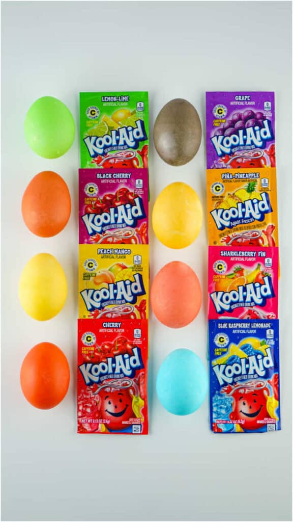 An overhead view showcasing the colors eggs turn when dyed in Kool-Aid.